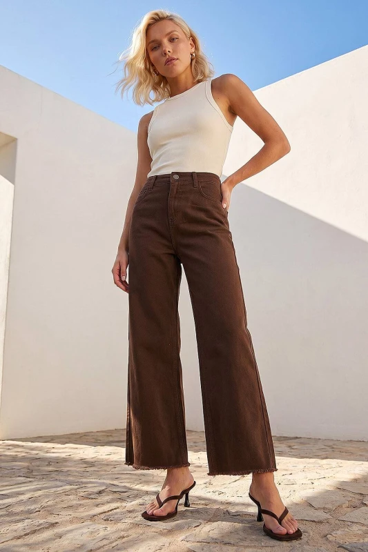 Image of Roman Womens Petite Cotton Frayed Hem Trouser in Chocolate Size: 16 Chocolate Female 16