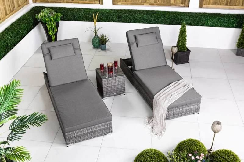 Image of Thats Furniture Rattan Sun Loungers Set of 2 with Side Table Sun bed 6 Positions Cover in Grey Grey Unisex