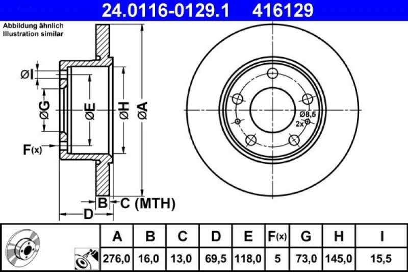 Image of ATE 24.0116-0129.1 Brake disc Solid, Coated Brake Disc (82)