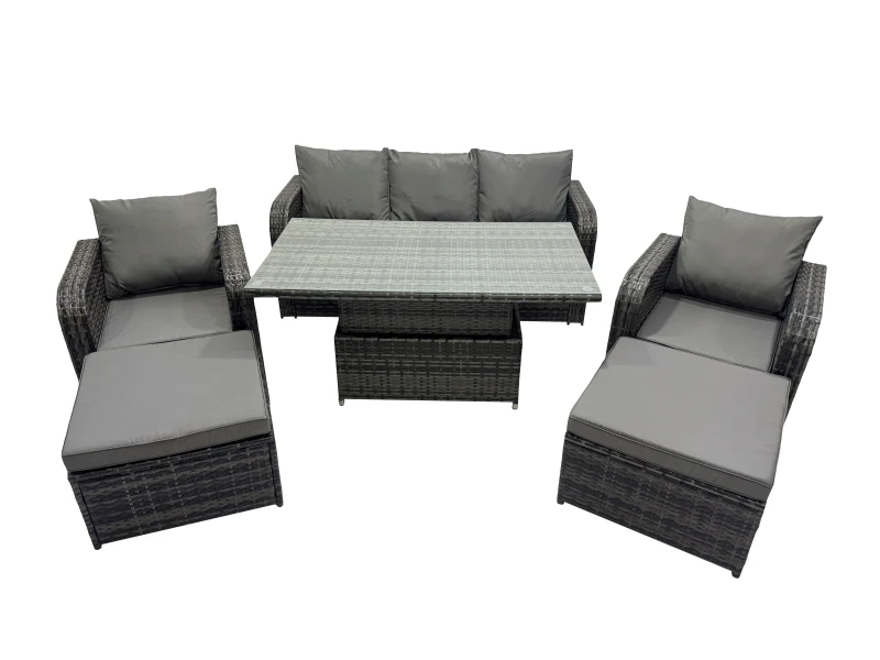 Image of Fimous Rattan Garden Furniture Dining Set 6-seater with Big Footstool in Dark Grey Dark Grey Unisex