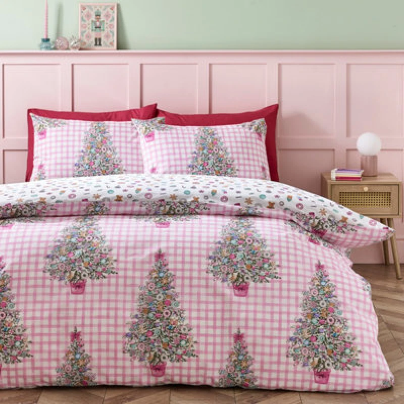Image of Catherine Lansfield Christmas Sweets And Treats Reversible Duvet Cover Set With Pillowcases Pink