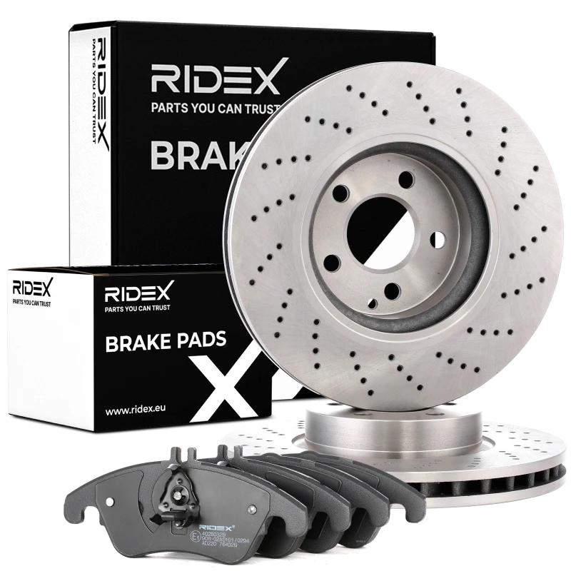 Image of RIDEX 3405B1147 Brake disc and pads set Front Axle, Brake Disc Type: perforated/vented, prepared for wear warning indicator, with piston clip Brake S