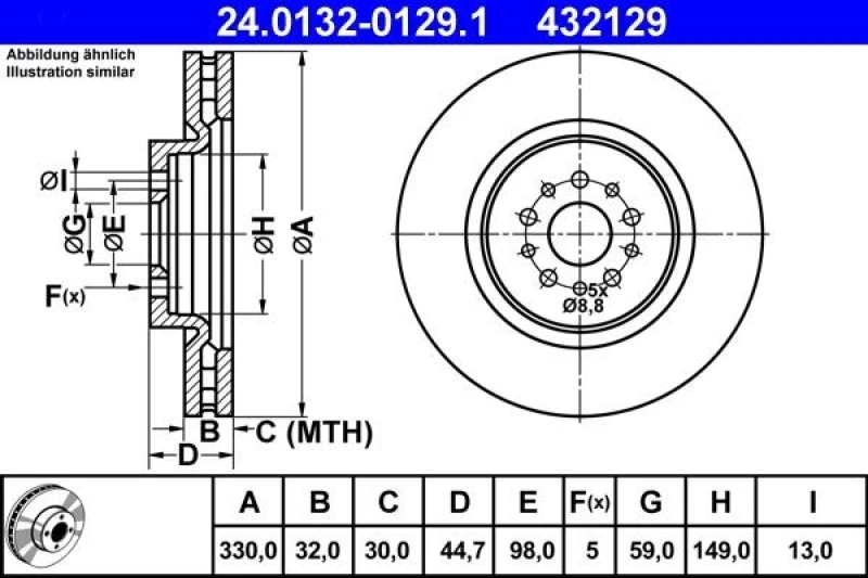 Image of ATE 24.0132-0129.1 Brake disc Vented, Coated, High-carbon Brake Disc (82)