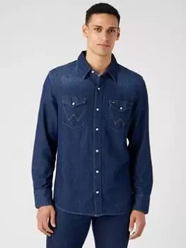 image of Wrangler 27mw Western Denim Shirt - Dark Wash, Dark Wash, Size 2XL, Men