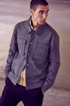 Image of Mens Regular Fit Faux Suede Snap Overshirt