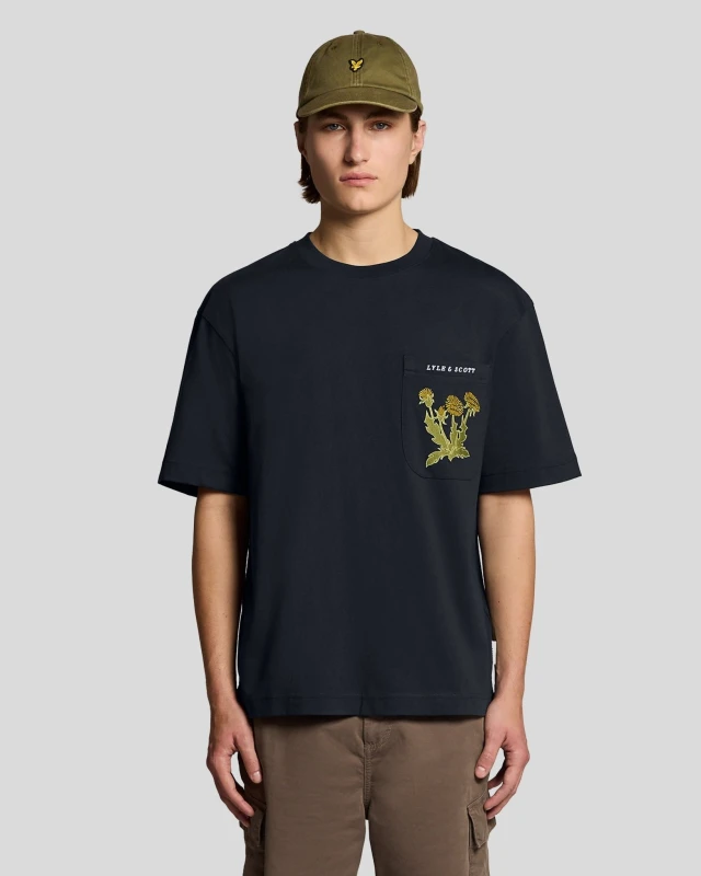 Image of Lyle & Scott Mens Botanical Embroidered Pocket T-Shirt in Navy