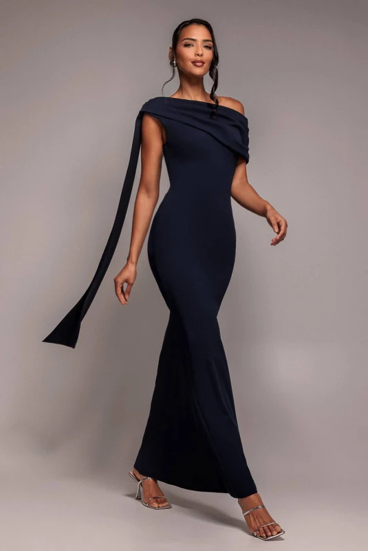 Image of Goddiva Womens Sash One Shoulder Bardot Maxi Dress in Navy Size: 14 Navy Female 14