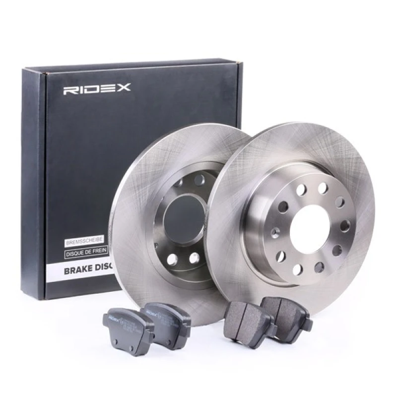 Image of RIDEX 3405B0093 Brake disc and pads set Rear Axle, Brake Disc Type: Solid Brake Set,disc brakes (3405)