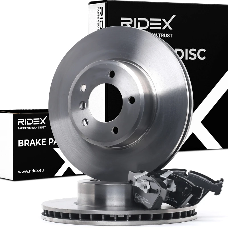 Image of RIDEX 3405B0985 Brake disc and pads set Front Axle, Brake Disc Type: internally vented, prepared for wear warning indicator, with piston clip Brake S