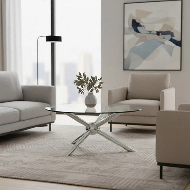 Image of Orsina Elegant Round Silver Coffee Table, Distinctive Base Design Display Table, Clear Tempered Glass Top Table