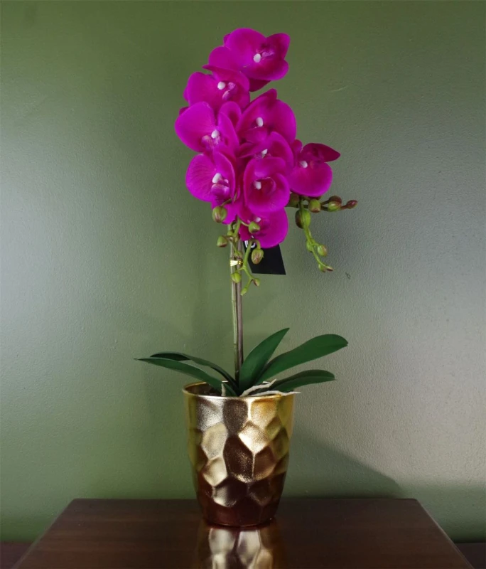 Image of Leaf Artificial Orchid Plant Dark Pink Gold Pot 54cm Botanik Dark Pink