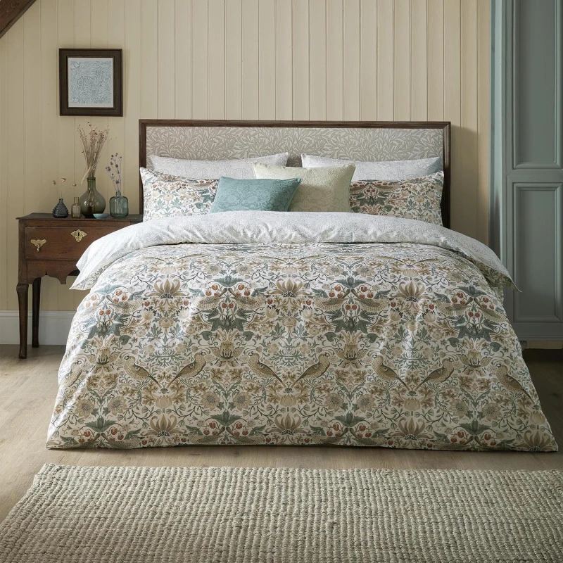 Image of William Morris At Home Strawberry Thief Duvet Set, Super King, Hessian