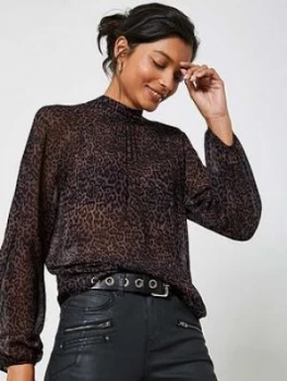 Image of Mint Velvet Isabel Animal Print High Neck Top - Burgundy