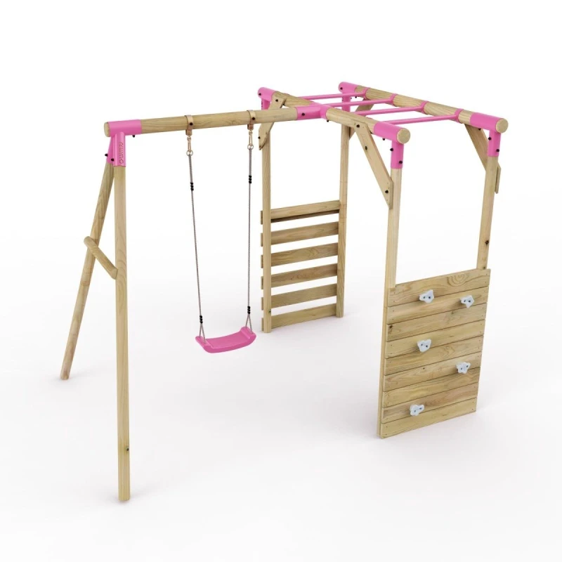 Image of Rebo Wooden Single Swing Set with Climbing Wall and Monkey Bars - Solar Pink Pink