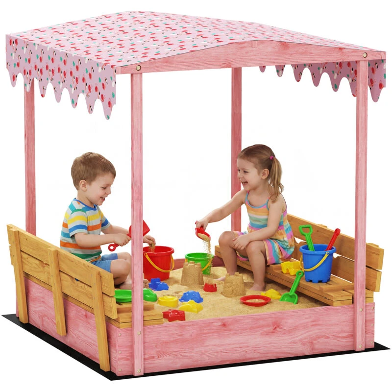 Image of Aiyaplay Wooden Sandbox With Lid, Canopy, Seat, Bottom Liner, Pink