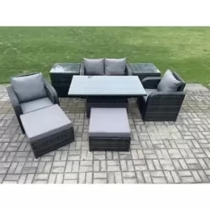 Image of Fimous 4 Seater Outdoor Dark Grey Rattan Lounge Complete Sofa Set with Adjustable Table, 2 Side Tables and 2 Big Footstool