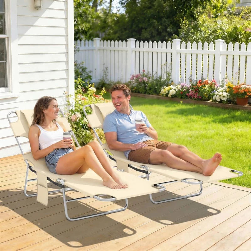 Image of OUTSUNNY Sun Lounger with Reading Hole, Folding Garden Lounger in Beige Beige Unisex