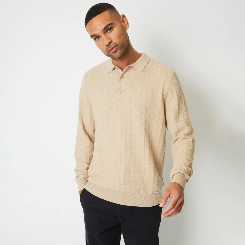 Image of Threadbare Long Sleeve Textured Knit Polo Collar Jumper - Beige Beige S