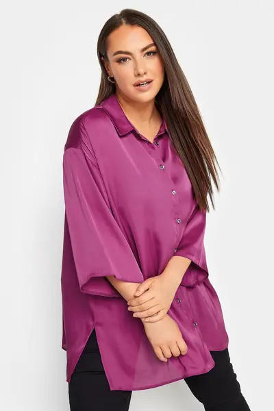 image of Yours 3/4 Sleeve Satin Shirt Magenta