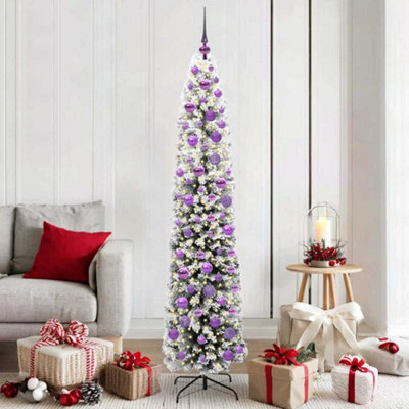 Image of vidaXL Artificial Christmas Tree with 300 LEDs, Lilac Balls with Stand Snow Flocked Green 180 x 48 cm, Green 3395024