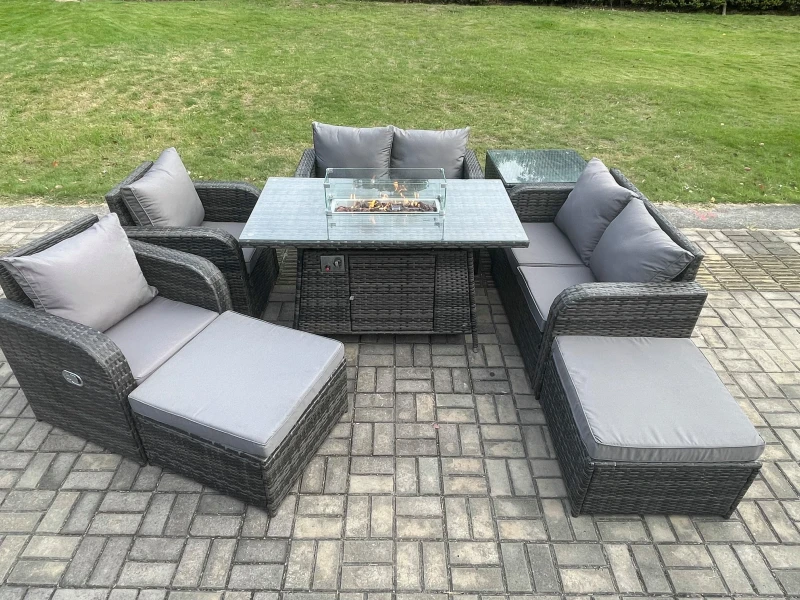 Image of Fimous 8 Seater Rattan Garden Furniture Set Outdoor Propane Gas Fire Pit Table and Sofa Chair set with Side Table 2 Big Footstool Dark Grey