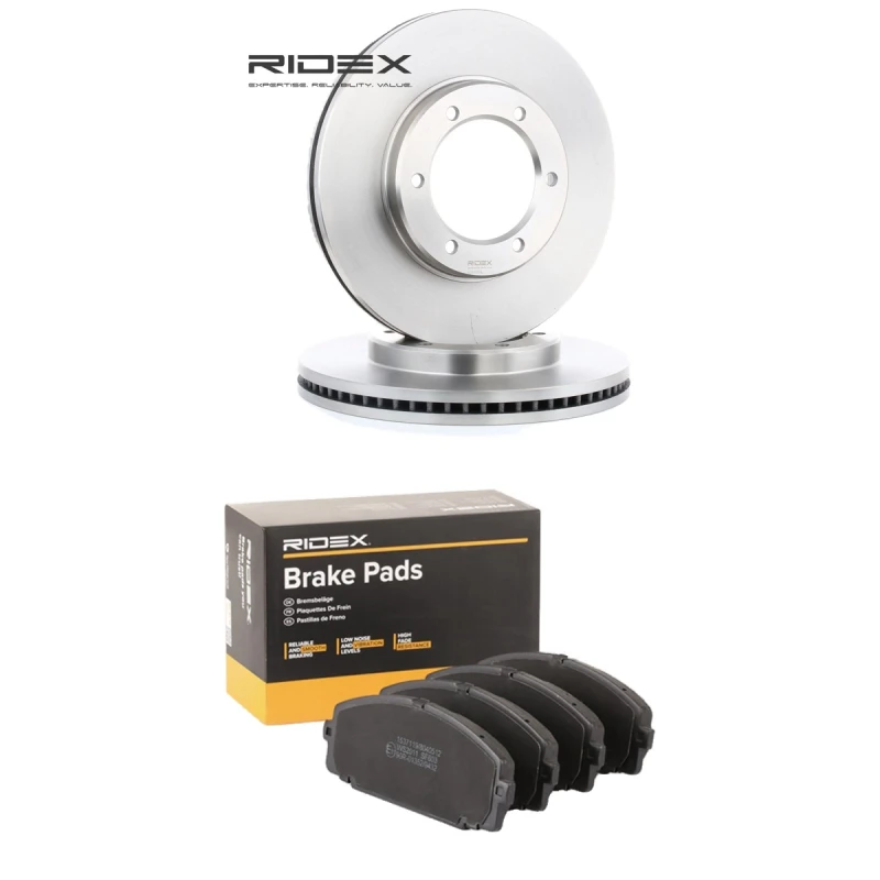 Image of RIDEX 3405B1946 Brake disc and pads set Front Axle, Brake Disc Type: internally vented, excl. wear warning contact Brake Set,disc brakes (3405)