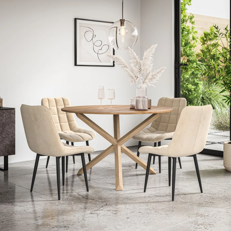 Image of More4Homes Malvern Round Dining Table And Chairs - Oak Table Top W Solid Oak Legs + Nova Velvet Dining Chair Set Of 4 (Beige)