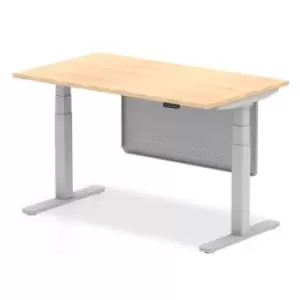 image of Air 1400 x 800mm Height Adjustable Desk Maple Top Silver Leg With Silver Steel Modesty Panel