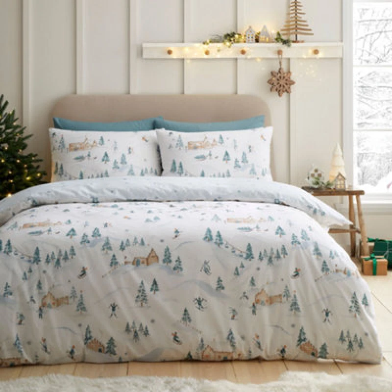 Image of Dreams & Drapes 'Ski Village' Easy Care Festive Duvet Cover Set in Natural Size: Super King Natural Unisex Super King