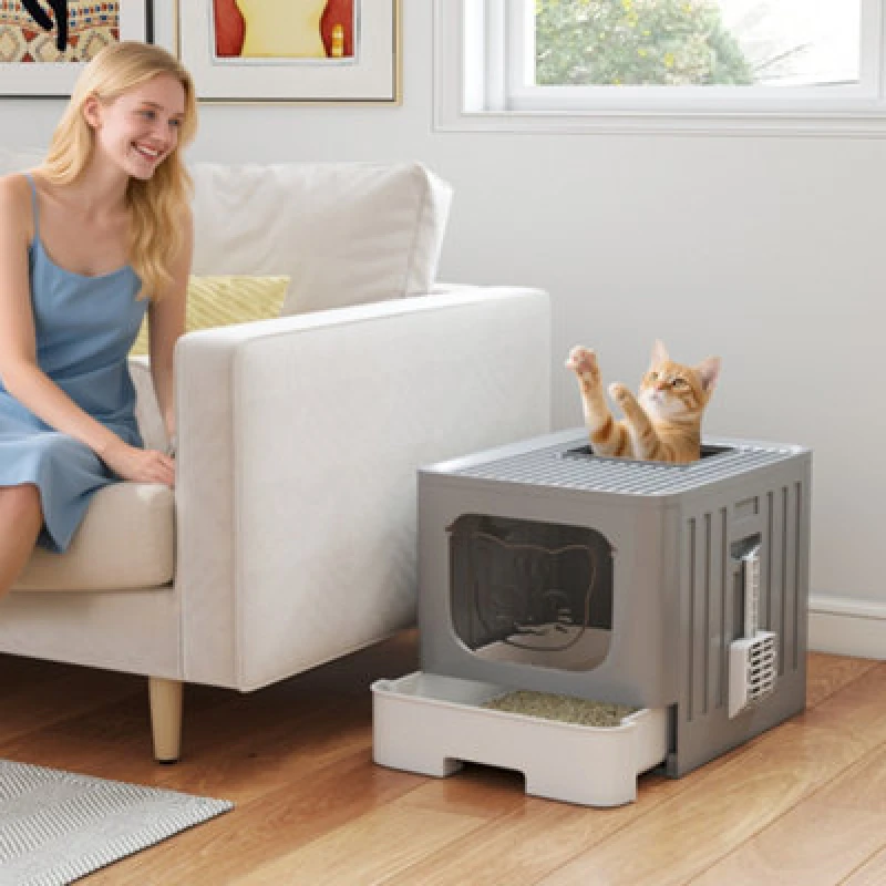 Image of Pawhut Foldable Cat Litter Box With Lid, Slide-Out Drawer, Grey