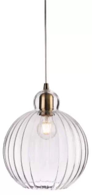 Victory 1 Light Globe Ceiling Pendant Antique Brass, Clear Glass, E27