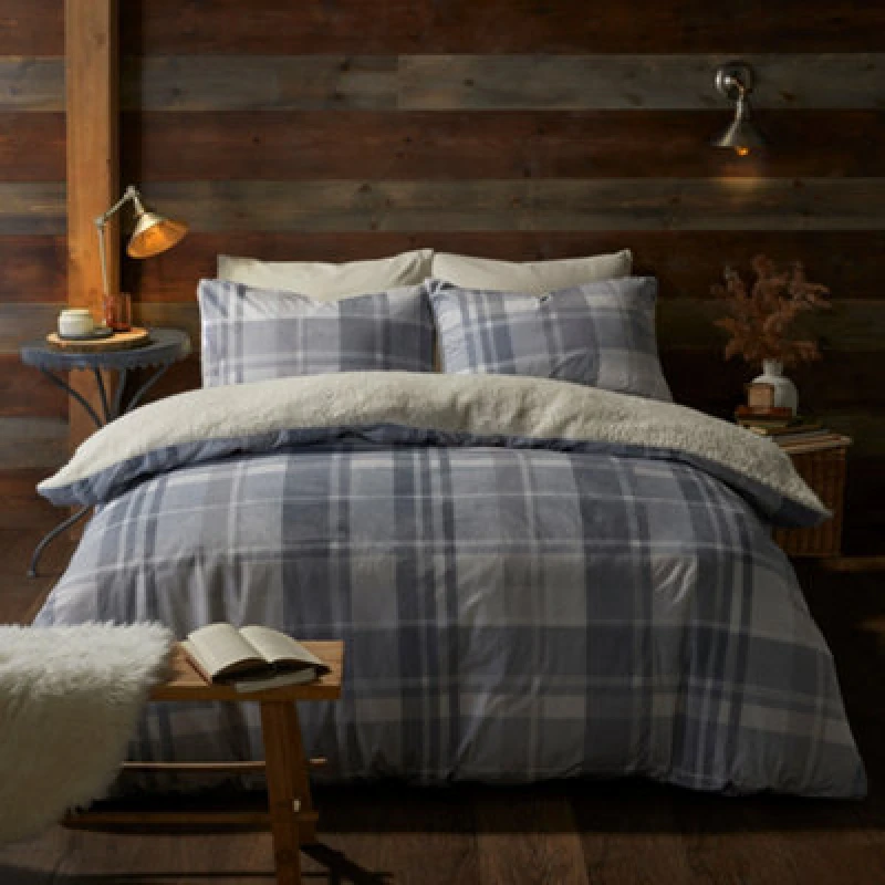 Image of Fusion Mulford Check Sherpa Duvet Set, Single, Grey
