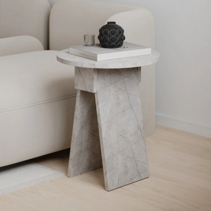 Image of Decortie Modern Chen Side Table Gold Marble Effect Round Shape Particle Board 2 Legs Coffee Table 42(W)X42(D)X50(H) Cm