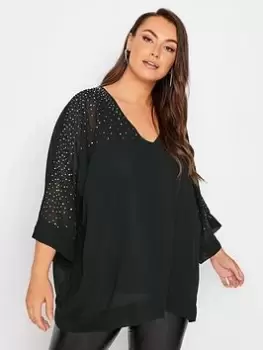 Image of Yours Diamante V Neck Cape Top, Black, Size 14, Women