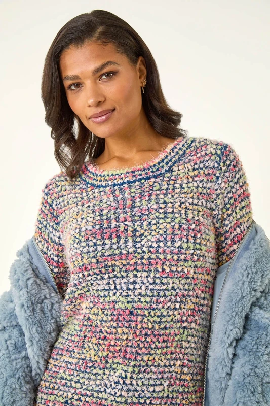 Image of Roman Fluffy Striped Curve Hem Jumper Blue