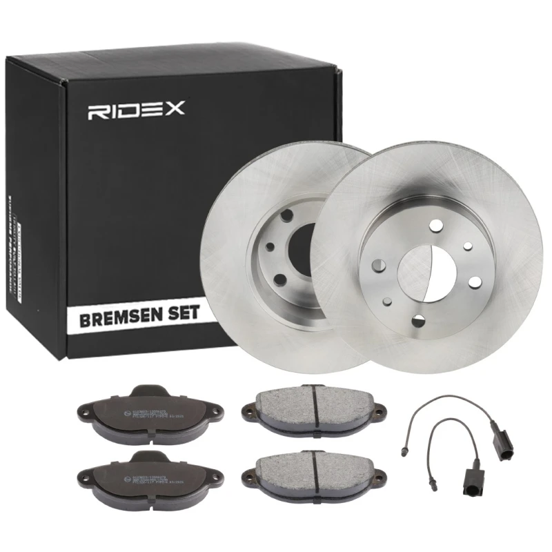 Image of RIDEX 3405B1774 Brake disc and pads set Front Axle, Brake Disc Type: Solid, incl. wear warning contact Brake Set,disc brakes (3405)