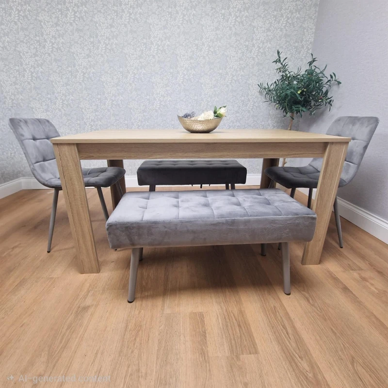Image of KOSY KOALA KOSY KOALA Dining Table and 2 Chairs With 2 Benches Oak Effect Wood Table 2 Grey Velvet Chairs Dining Room in Beige Size: 140cm x 80cm Be