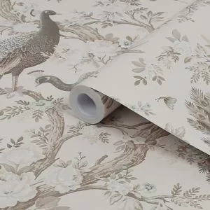 Image of Laura Ashley Belvedere Soft Truffle Peacock Smooth Wallpaper
