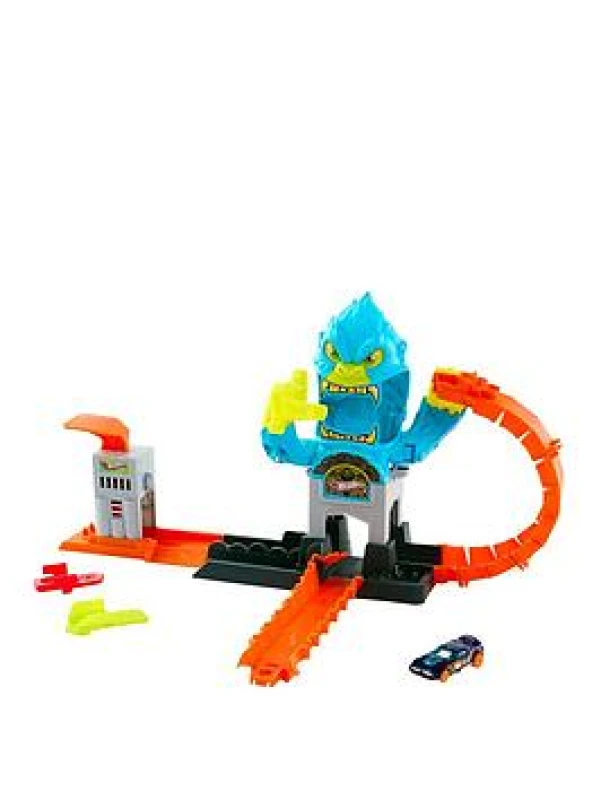 Image of Hot Wheels Spielzeugauto Trackset City Spielzeugset Gigantischer Gorilla-Angriff“ und Fahrzeug im Maßstab 1:64 mehrfache Spielmoglichkeiten fur Hera