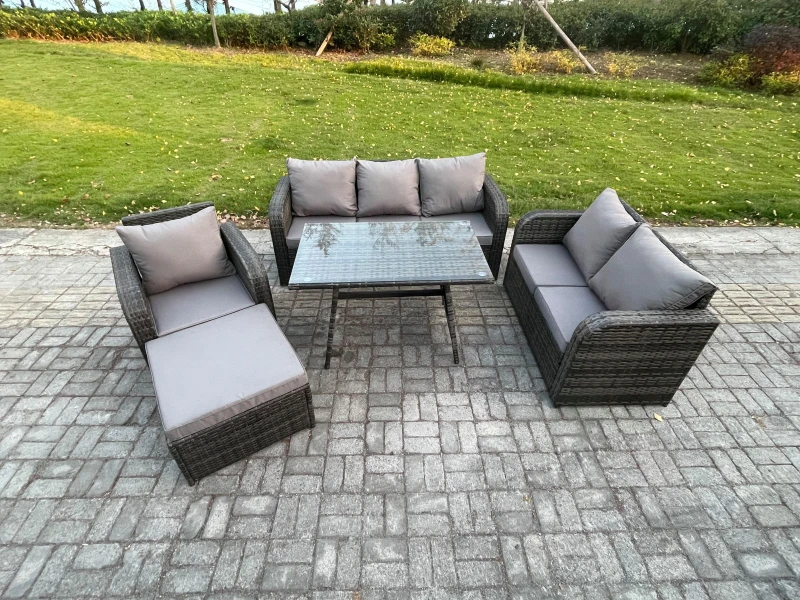 Image of Fimous Outdoor Rattan Garden Furniture Set 7 Seater Patio Lounge Sofa Set with Dining Table Big Footstool Dark Grey Mixed Dark Grey