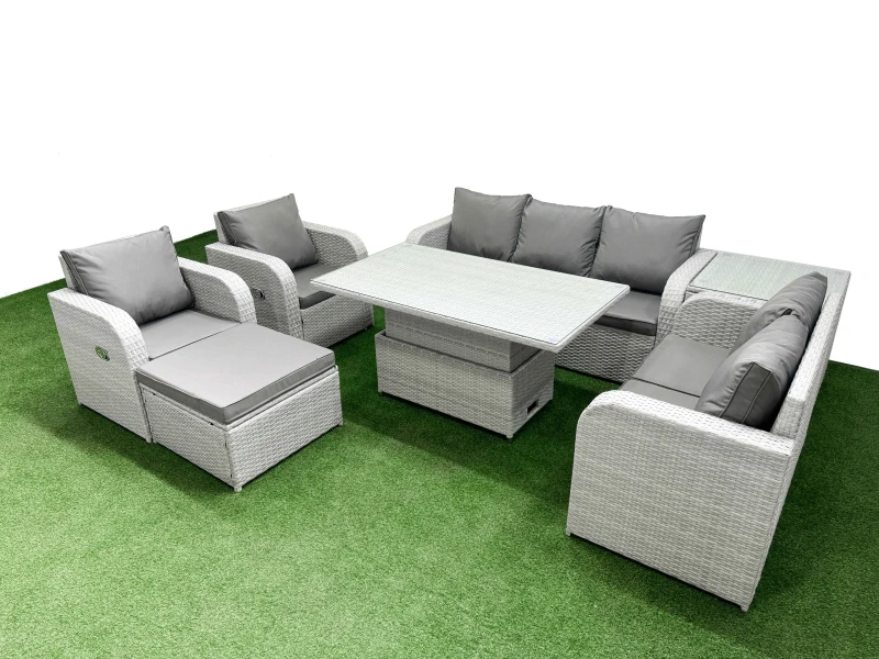 Image of Fimous PE Rattan Garden Furniture Set Adjustable Lifting Dining or Coffee Table Big Footstool Side Table Light Grey