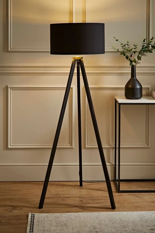 Image of ValueLights ValueLights Barbro Black Wood Tripod Floor Light Lamp with Reni Drum Shade in Metallic Gold Metallic Gold One Size Unisex 5059406024832