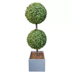 image of Silver & Stone Artificial Double Buxus Boxwood Ball Tree In Wooden Effect Grey Planter TJ Hughes