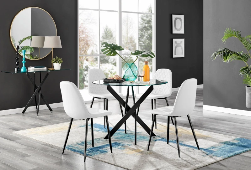 Image of FurnitureboxUK FurnitureboxUK Novara 4 Seater Black Leg Round Glass Dining Table & 4 Corona Faux Leather Black Leg Chairs in White White One Size Unis