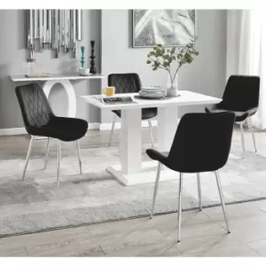 Image of Furniturebox UK - Furniturebox Imperia 4 High Gloss White Modern Dining Table And 4 Black Pesaro Velvet Dining Chairs With Silver Legs Diamond
