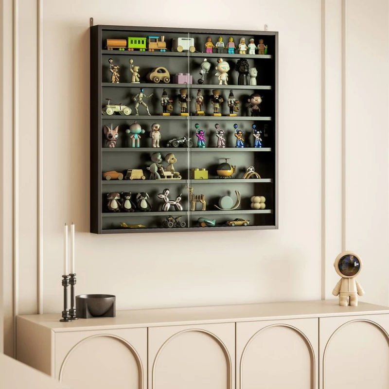 Image of HOMCOM 7-Tier Wall Display Cabinet w/ Adjustable Shelves Glass Doors in Black Size: Large Black Unisex Large