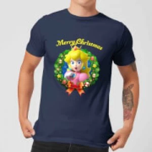 Image of Nintendo Super Mario Peach Merry Christmas Wreath Navy T-Shirt - L - Navy