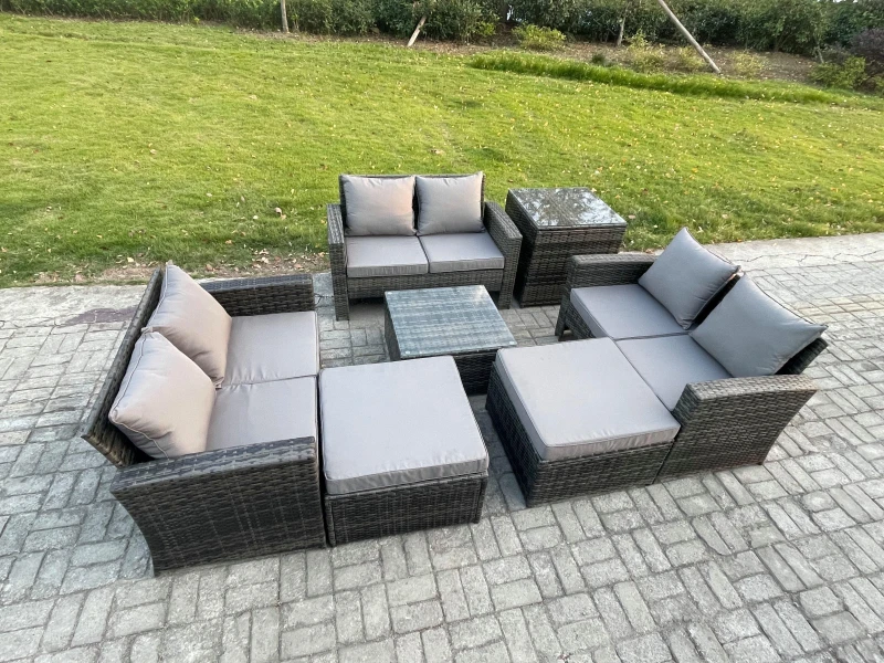 Image of Fimous Outdoor Lounge Sofa Set Wicker PE Rattan Garden Furniture Set with Square Coffee Table Double Seat Sofa 2 Big Footstool in Dark Grey Dark Grey