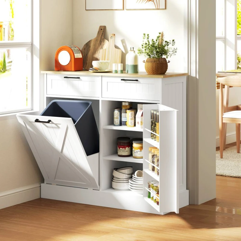 Image of HOMCOM Sideboard with Trash Bin, Farmhouse Kitchen Sideboard with 2 Drawers in White White Unisex