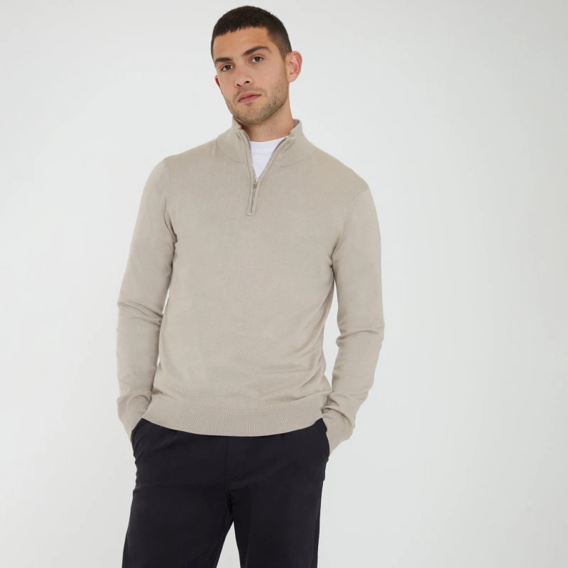 Image of Threadbare 'Tucci' Funnel Neck Quarter Zip Knitted Jumper Natural